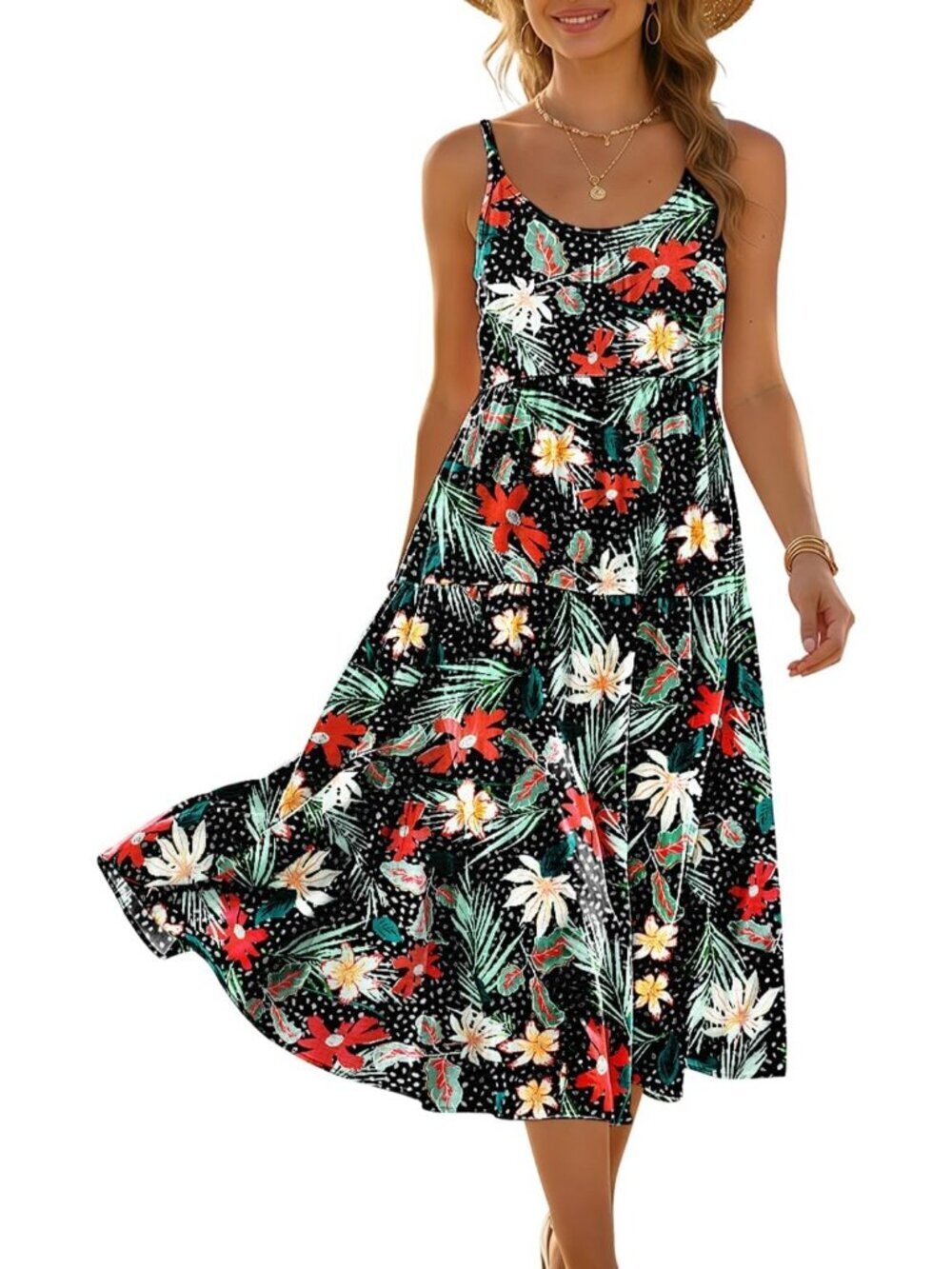 Women's Floral Black Spaghetti Strap Sundress Boho Casual Flow Midi Dress